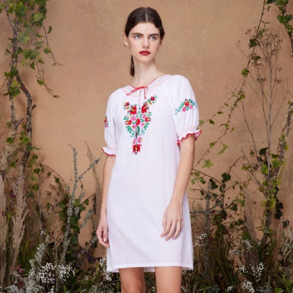 White Embroidered Mini Dress with Floral Motif - Picture 2 of 9